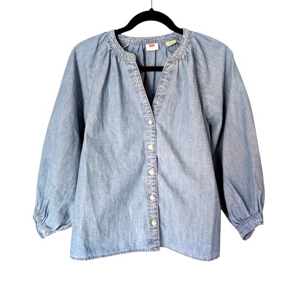 Levi’s Chambray Denim Blouse S Button Front Balloon Sleeve Western Casual - Picture 1 of 8